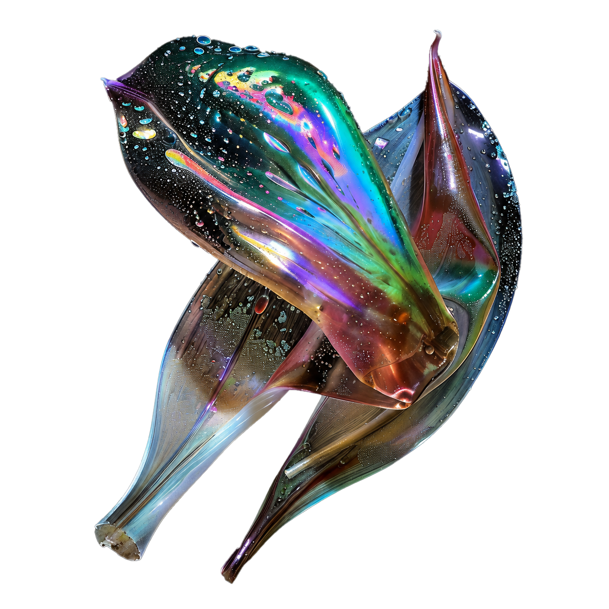 An iridescent, folded glass-like form covered in tiny droplets.
