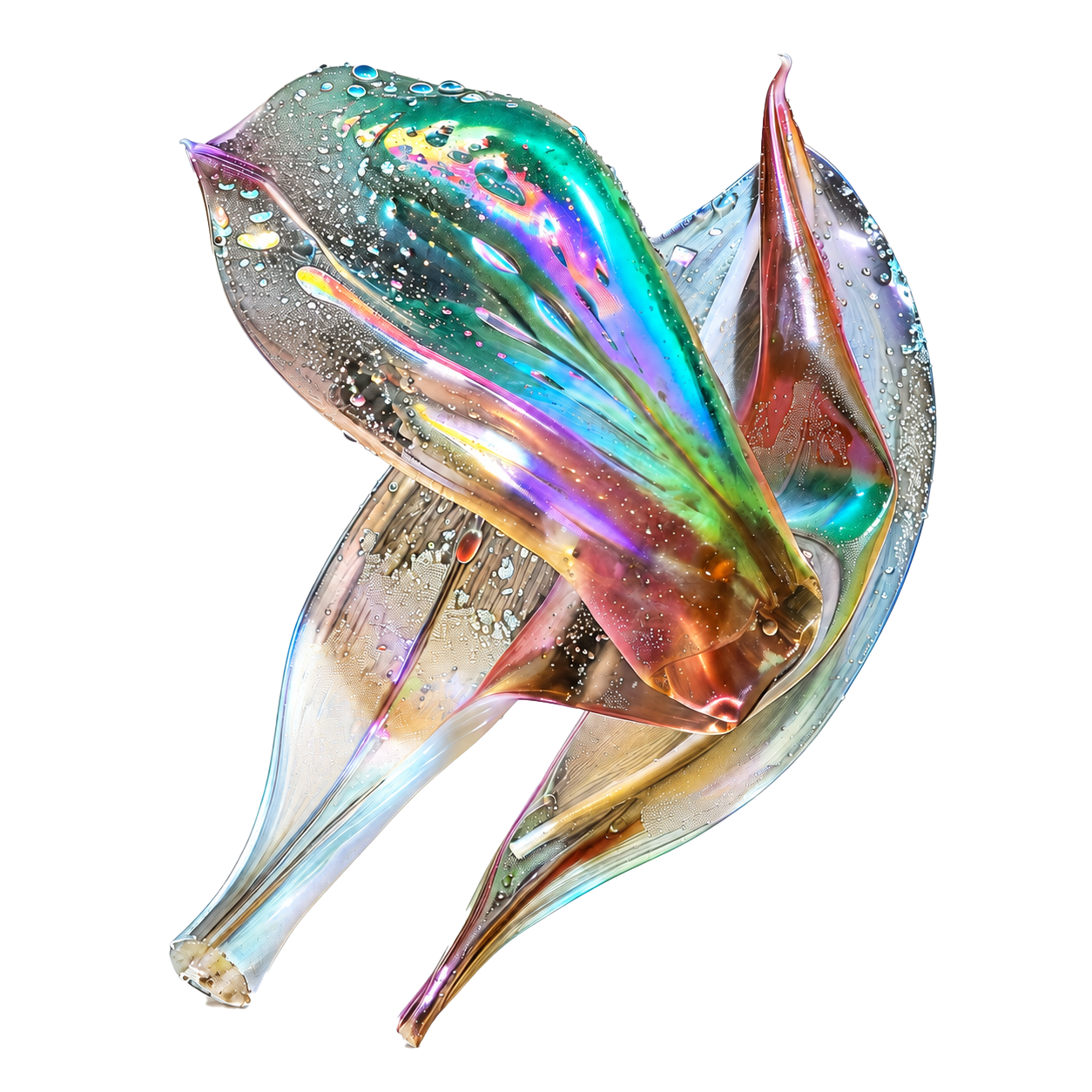 An iridescent, folded glass-like form covered in tiny droplets.